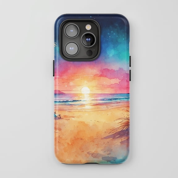 Sunset Beach Scene For All iPhone Series Tough Phone Case Watercolor Art Orange Pink Blue