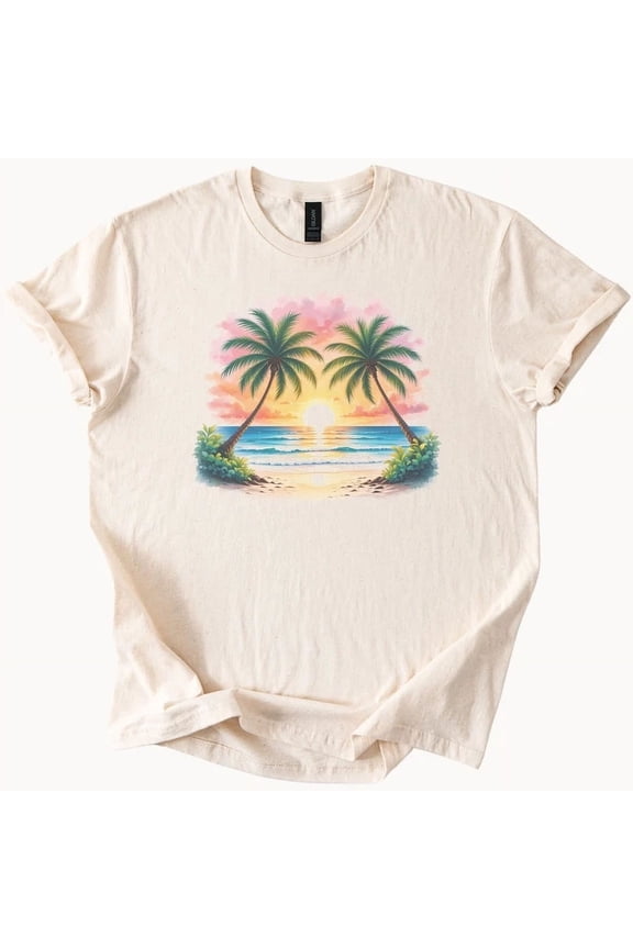 Sunset Beach Scene Palm Trees Ocean View Graphic Tee Coastal Shirt