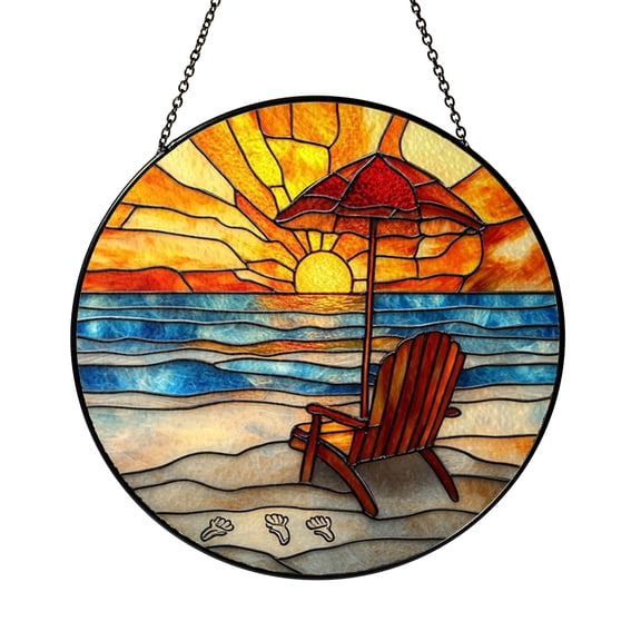 Sunset Beach Scene Stained Glass Suncatcher Window Hanging, Adirondack Chair and Umbrella by the Ocean Round Glass Art Panel, Coastal Vibes Window Decor, Decorative Hanging Ornament for Home