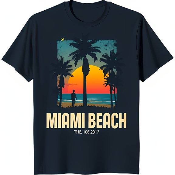Sunset Beach Scene T-Shirt Vibrant Gradient with Trees & Solitary Black Tee for Relaxed Vibes