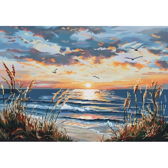 Sunset and Beach Seaside Landscape DIY 11CT Stamped Cross Stitch Kits for Beginners Easy Needlepoint Embroidery Counted Cross Stitch Art Craft for Wall Decoration 12x16inch(3)
