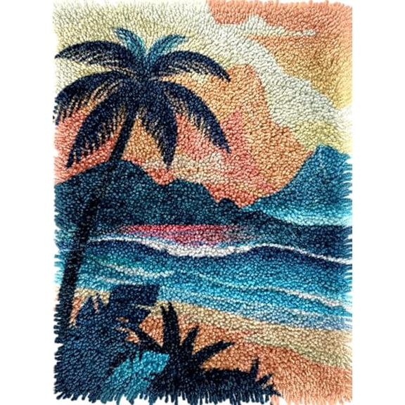 Sunset Beach Seaside Landscape Latch Hook Kits Rug Colorful Printed Mat Crochet Yarn DIY Hooking Latch Kit Carpet Rug Cover for Christmas Chair Cushion Floor Decor 52x38cm(1)