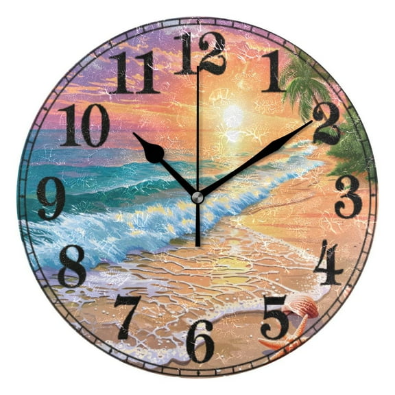 Sunset Beach Seastar Palm Tree 10" Silent Wall Clock Non-Ticking Battery Clocks