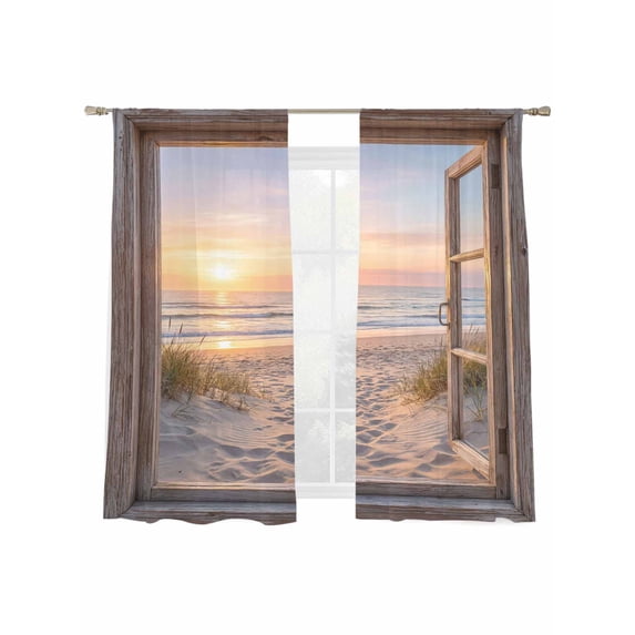 Sunset Beach Sheer Curtains 2 Panels Set Ocean Wooden Window Coastal Landscape Sheer Window Curtains Light Filtering Rod Pocket Voile Drapes for Bedroom Living Room 52"x63"
