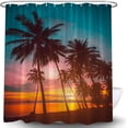 thumbnail image 1 of Sunset Beach Shower Curtain - Ocean Teal Orange Sky, Tropical Palm Tree, Hawaiian Coastal Seascape, Sea Waves Seaside Nature Scenery, Fabric with Hooks, Ideal for Tropical-Inspired Bathrooms, 1 of 6