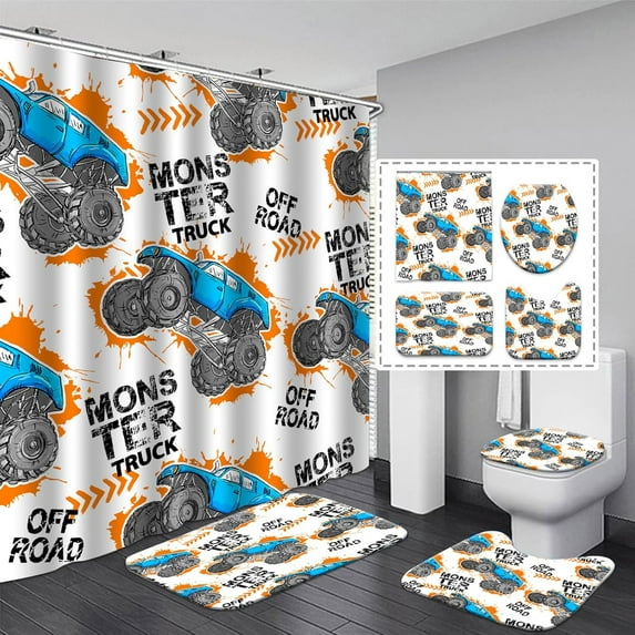 4-Piece Retro Gaming Shower Curtain Sets: Waterproof 72x72 Inch with 3 Non-Slip Mats & Toilet Cover - Pixel Art Kids Room Decor