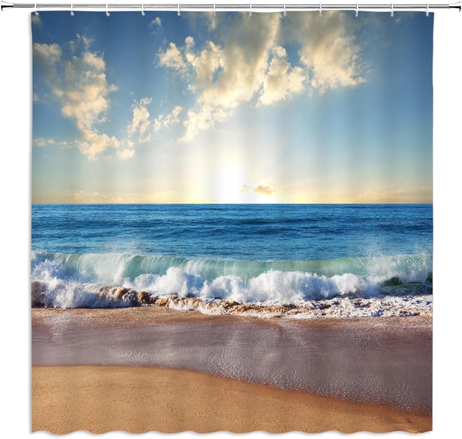 Sunset Beach Shower Curtain Tropical Ocean Landscape Orange Sky Hawaiian Coastal Seascape Sea Waves Summer Seaside Nature Scenery Bath Curtain with Plastic hookss