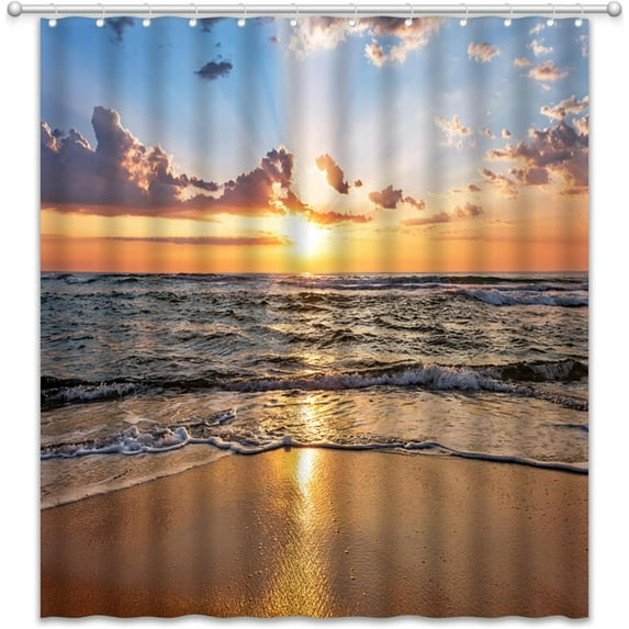 Sunset Beach Shower Curtain Tropical Ocean Landscape Orange Sky Hawaiian Coastal Seascape Sea Waves Summer Seaside Nature Scenery Bath Curtain with Plastic hookss