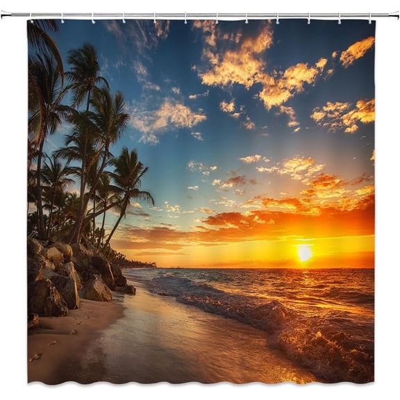 Sunset Beach Shower Curtain Tropical Palm Tree Ocean Landscape Teal Orange Sky Hawaiian Coastal Seascape Sea Waves Seaside Nature Scenery Bath Curtain with Plastic hookss