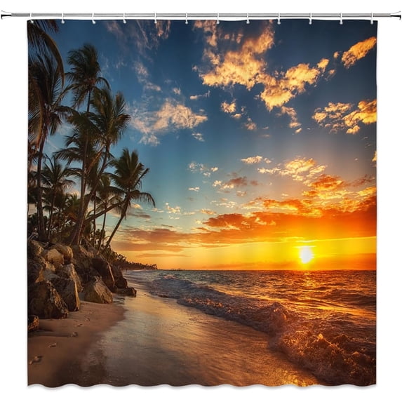 Sunset Beach Shower Curtain Tropical Palm Tree Ocean Landscape Teal Orange Sky Hawaiian Coastal Seascape Sea Waves Seaside Nature Scenery Bath Curtain with Plastic hookss