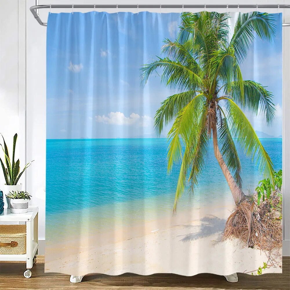 Sunset Beach Shower Curtains Coconut Trees Sea Waves Nature Ocean ...