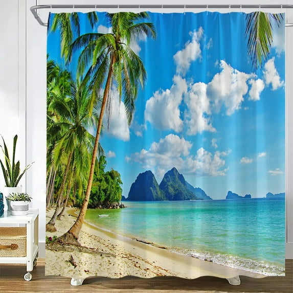 Sunset Beach Shower Curtains Coconut Trees Sea Waves Nature Ocean Landscape Polyester Fabric Home Bathroom Decor Set with