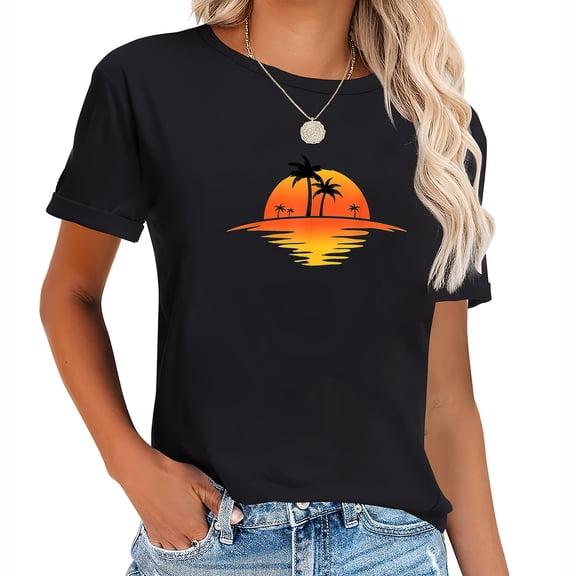 Sunset Beach Silhouette Tropical Palm Tree Sunny L Fashionable Women's Tees with Graphic Prints