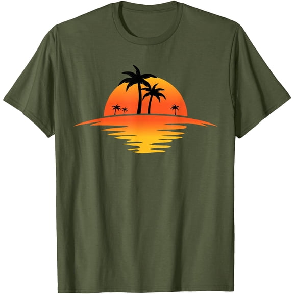 Sunset Beach Silhouette Tropical Palm Tree Sunny Lover Gift Unisex T-Shirt for Men Women Kids Toddler,Military Green Color,Size XL
