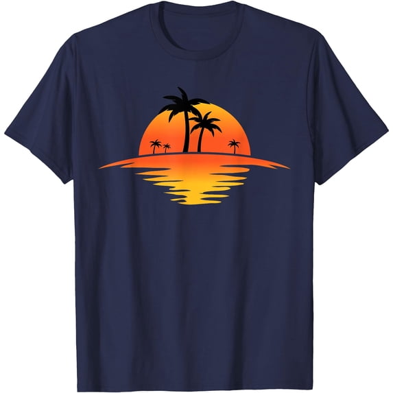 Sunset Beach Silhouette Tropical Palm Tree Sunny Lover Gift Unisex T-Shirt for Men Women Kids Toddler,Navy Color,Size 2XL