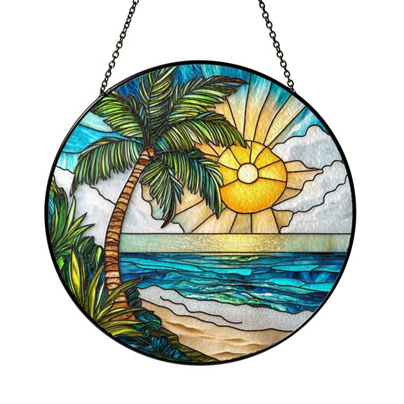 Sunset Beach Stained Glass Pattern, Tropical Ocean Palm Tree Design Template for Window Suncatcher Art, Stained Glass Style Digital Pattern File for Creative Projects