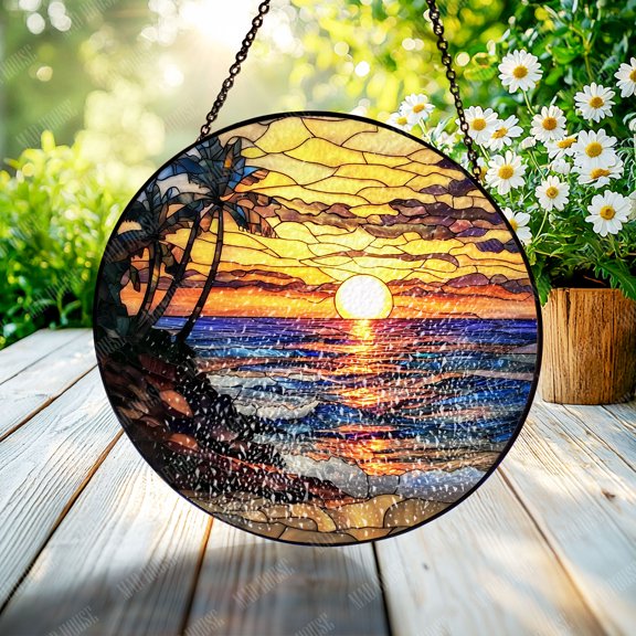 Sunset Beach Stained Glass Window Hanging, Tropical Ocean Scene Car and Home Decoration, Perfect Gift for Parents or Loved Ones