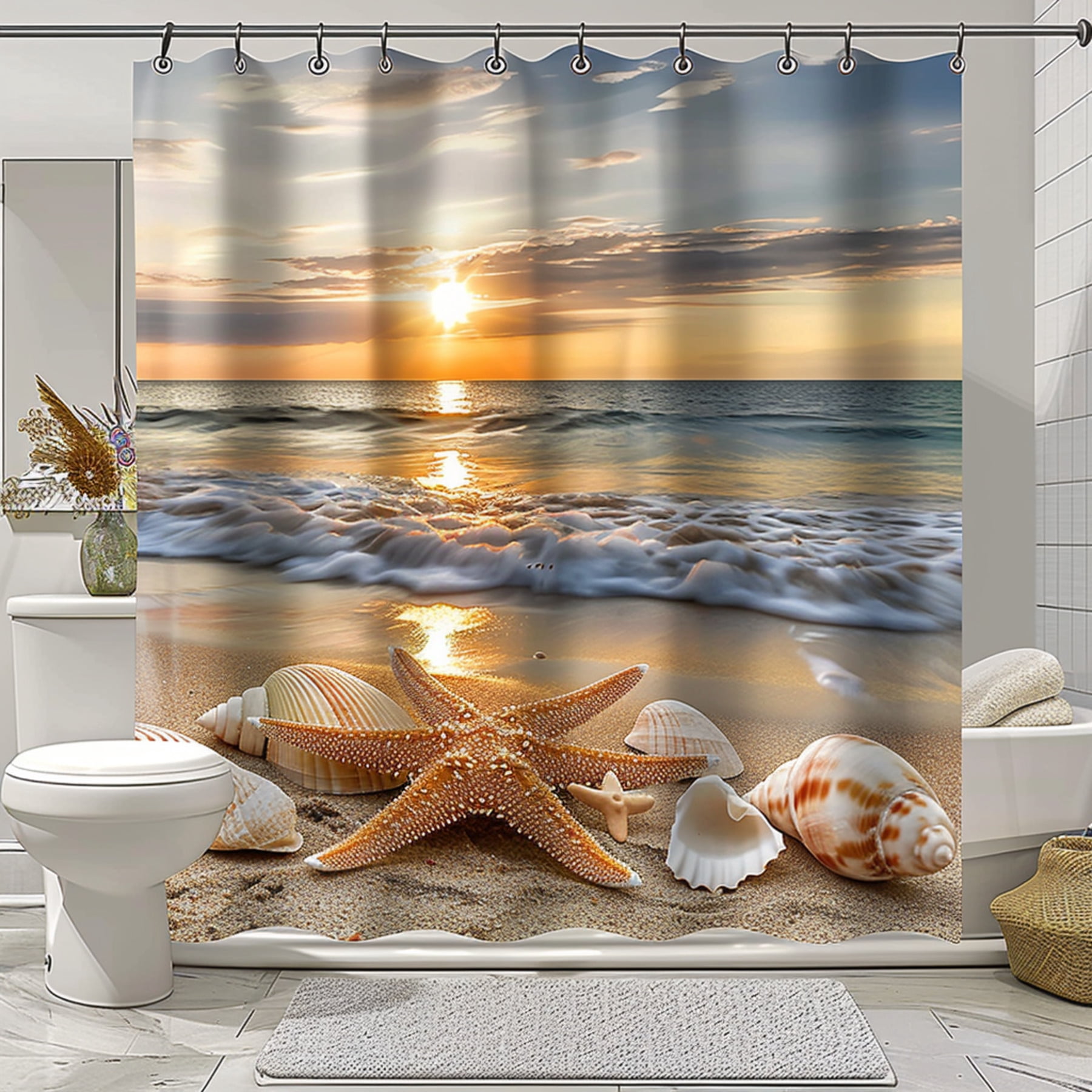 Sunset Beach Theme Shower Curtain Bathroom Decor with Starfish and