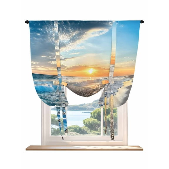 Sunset Beach Tie Up Curtains for Windows 45 Inch Length Balloon Curtains Kitchen Adjustable Balloon Window Shade Spray Ocean Waves Sky Nature Scenery Tie Up Valance Bathroom Curtain Window 34"x45"