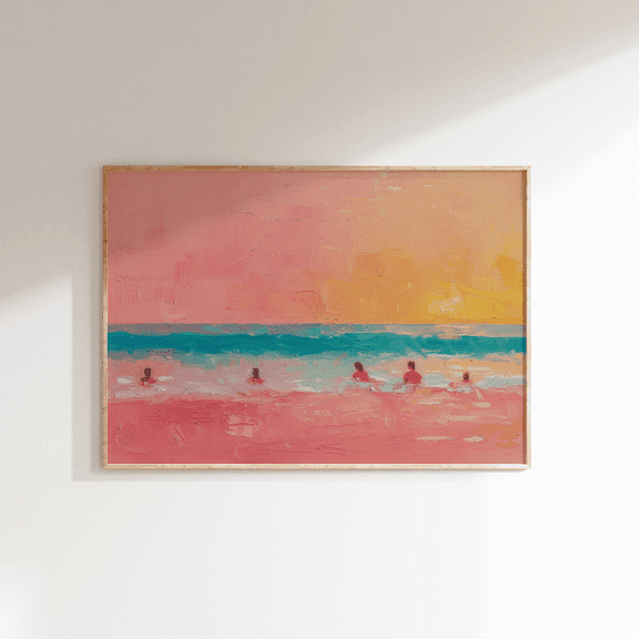 Sunset Beach Tiny People Swimming Pink Coastal Poster, Poster Only, Poster Home Decor, Poster Only