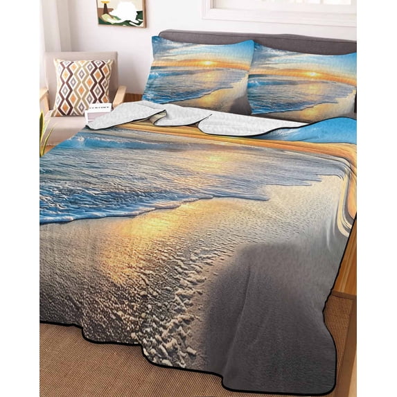 Sunset Beach Twin Size Down Alternative Comforter, Lightweight Comforter Quilt Bedding Set with Pillow Shams Spray Ocean Waves Sky Nature Scenery All Seasons Bed Comforter Duvet Insert 68"x86"