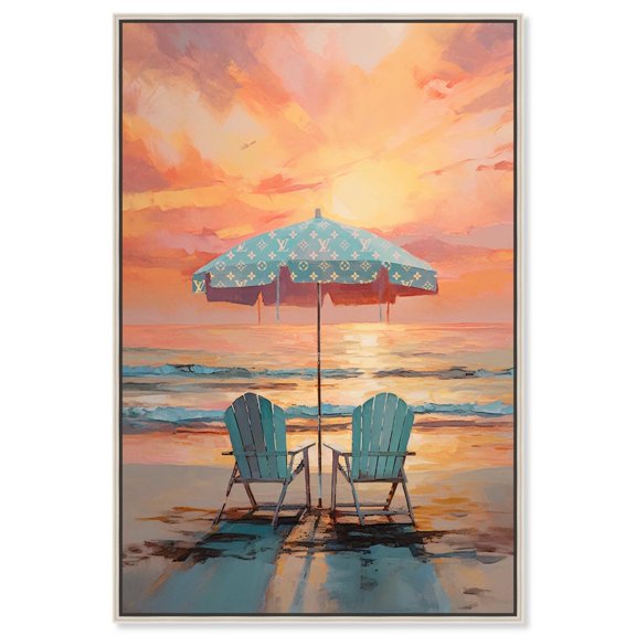 Sunset Beach View Canvas Glam Coastal Wall Art by Art Remedy, Silver Frame, 36" x 54"