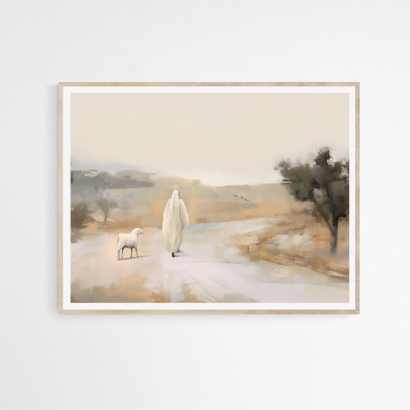 Sunset Beach Woman Art Boho Coastal Vibrant Ocean Sunset Wall Art Modern Western Decor Jesus Found The Lost Sheep Parable of The Lost Sheep Modern Bible Art Design 2, UNFRAMED Size 30x30