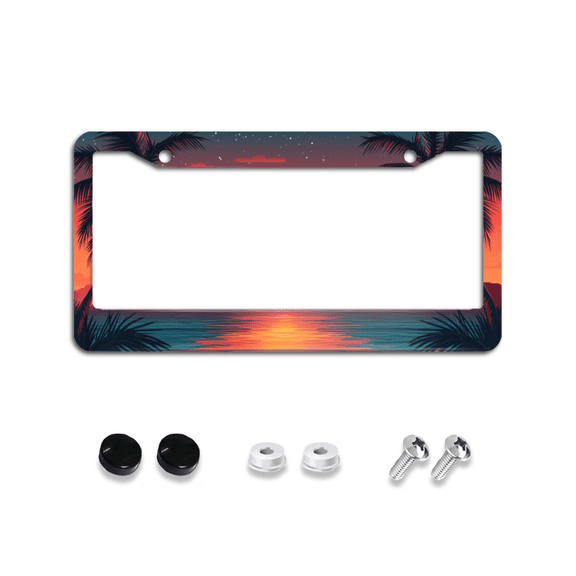 Sunset Beach with Palm Tree License Plate Frames Aluminum Tag Holder with 2 Holes Screws for Front Rear Car Plate Decor 12x6 Inch for Women Men