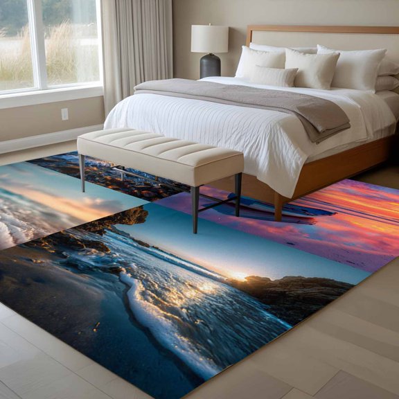 Sunset Beaches 6x9 Rug for Dining Room Table and Chair Setup, Art Ocean Reef Boat Shell Waves Low Pile Washable Non Slip Rectangle Area Rug