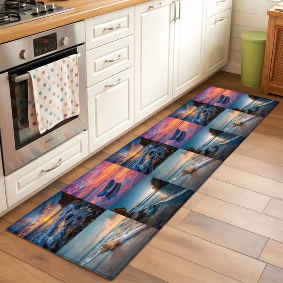 Sunset Beaches Runner Rugs 2x6 ft Art Ocean Reef Boat Shell Waves Washable Hallway Rugs Non-Slip Floor Mats Absorbent Carpet Bedside Runners for Bedroom Kitchen Bathroom Laundry Room