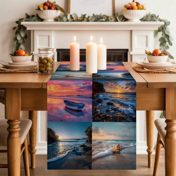 Sunset Beaches Table Runner, Art Ocean Reef Boat Shell Waves Cotton Linen Kitchen Table Decoration Washable Dining Tabletop Runners for Home Party Decor 13x36 Inches
