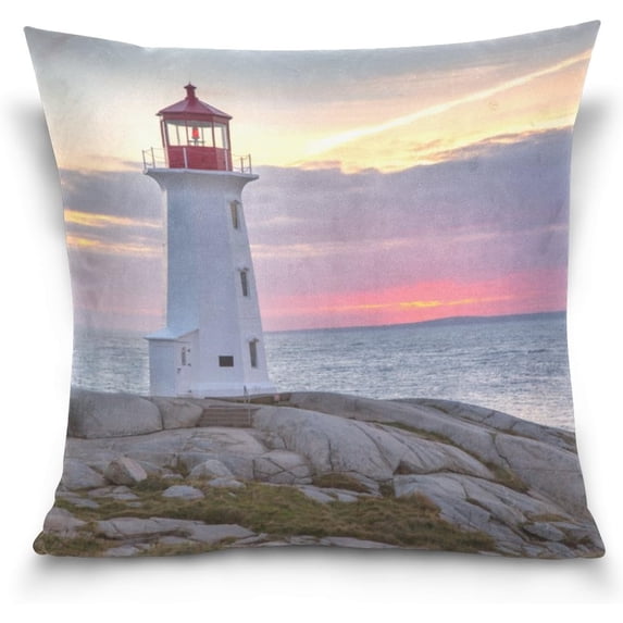 Sunset Behind Lighthouse Velvet Plush Throw Pillow Cushion Case Cover - 18" x 18" - Invisible Zipper Home Decor Floral for Couch Sofa No Pillow Insert