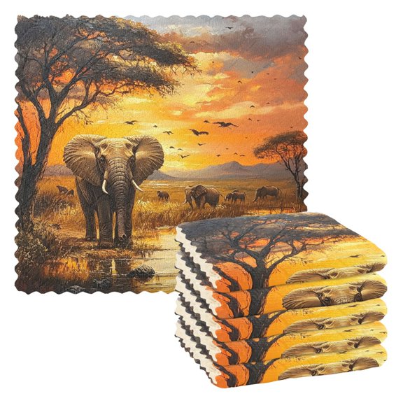Sunset Bird Elephant Kitchen Cloth Dish Towels for Drying Washing Absorbent Dish Rags Reusable soft kitchen dishcloth set 6 Pack