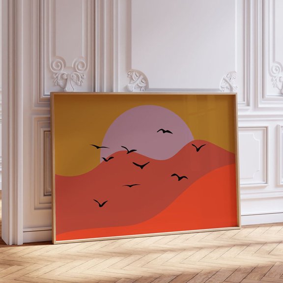 Sunset Bird Silhouette Print: Retro Boho Wall Art, Unframed Paper Poster 8x10in