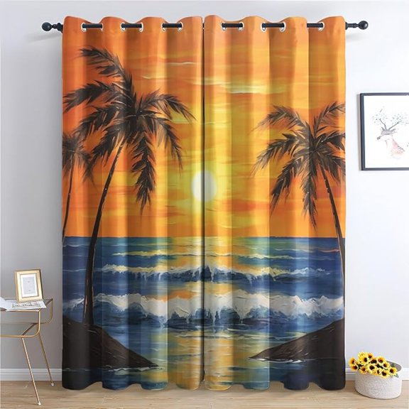 Sunset Blackout Curtains, Thermal Insulated Room Darkening Grommet Drapes for Living Room & Bedroom, Hawaiian Tropical Palm Tree Window Treatments & Home Decor 26"W x 45"L (Pack of 2)