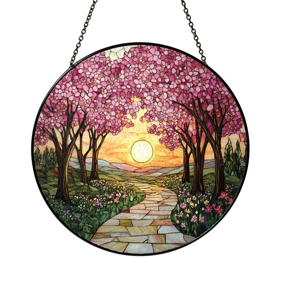 Sunset Blossom Path Stained Glass Style Suncatcher – Scenic Window Decor