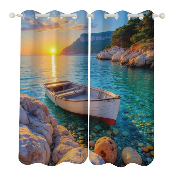 Sunset Boat on Rocky Shore Luxury Window Curtains Blinds for Living Room Kids Bedroom Bathroom Kicthen Door Home Decor 2 Panels