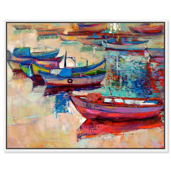 Sunset Boats Canvas Vintage Costal Wall Art by Art Remedy, White Frame, 45" x 36"