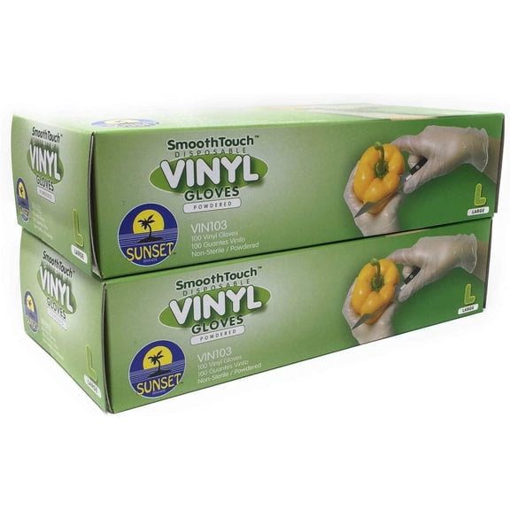 Sunset Brands 200 Disposable Vinyl Gloves, Large Size, Non-Sterile, Easy Slip On/Off, Smooth Touch, Food Service Grade
