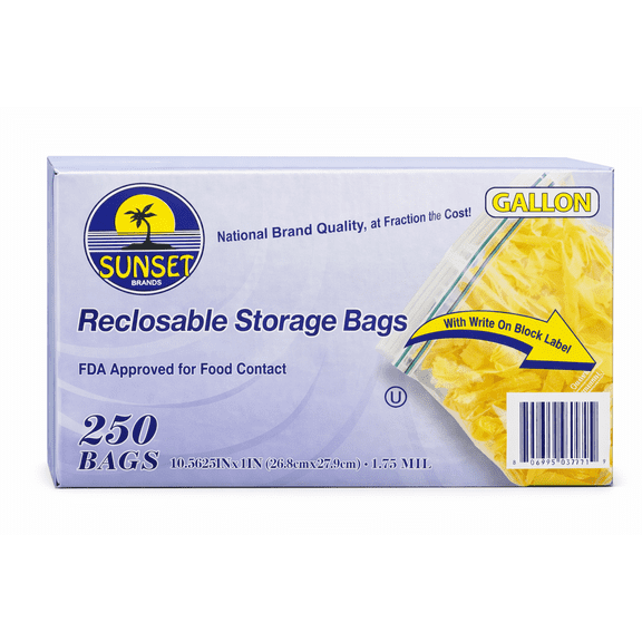 Sunset Brands Reclosable Gallon Storage Bags, Clear, 10.56 x 11 in, 250 Count
