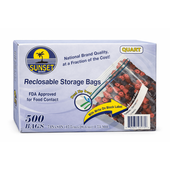 Sunset Brands Reclosable Quart Storage Bags, Clear, 7 x 8 in, 500 Count