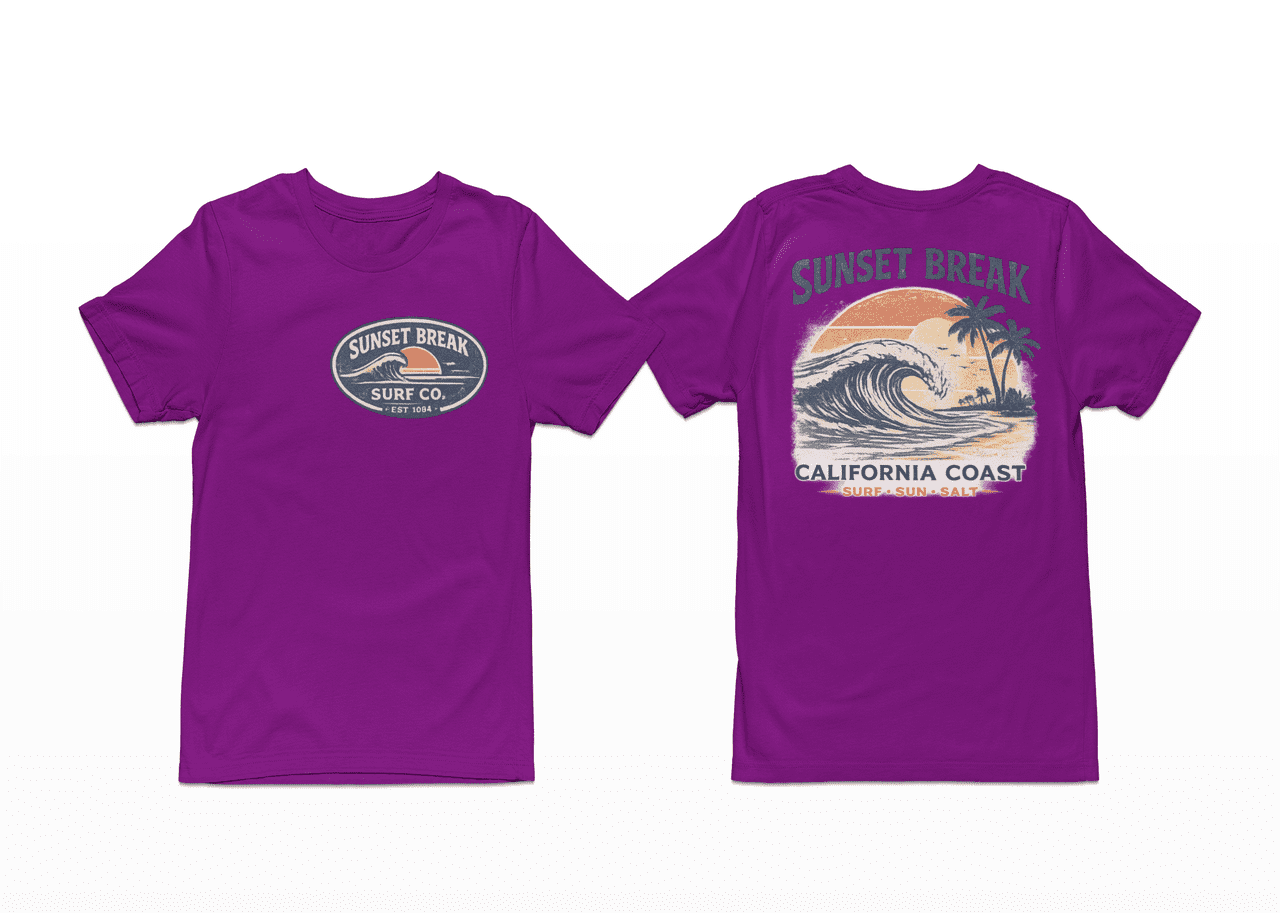 Sunset Break Surf T-Shirt – California Coast Wave Graphic Tee, Vintage Beach Shirt, Front & Back Print Unisex Crewneck