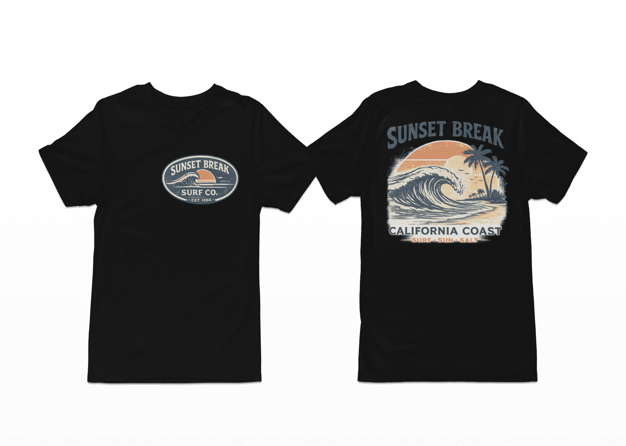 Sunset Break Surf T-Shirt – California Coast Wave Graphic Tee, Vintage Beach Shirt, Front & Back Print Unisex Crewneck