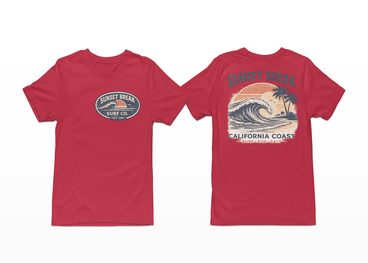 Sunset Break Surf T-Shirt – California Coast Wave Graphic Tee, Vintage Beach Shirt, Front & Back Print Unisex Crewneck