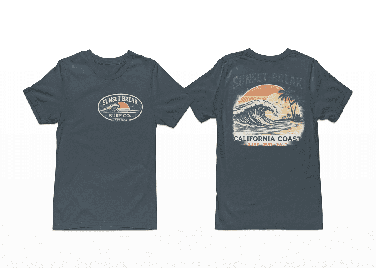 Sunset Break Surf T-Shirt – California Coast Wave Graphic Tee, Vintage Beach Shirt, Front & Back Print Unisex Crewneck