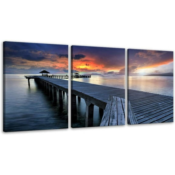 Sunset Bridge Canvas Seascape Ocean Picture Paintings Landscape Sea HD Prints Artwork 3 Panels Wall Art for Home Decorations Framed Ready to Hang (12" x 16" x 3 Panels, Artwork-07)