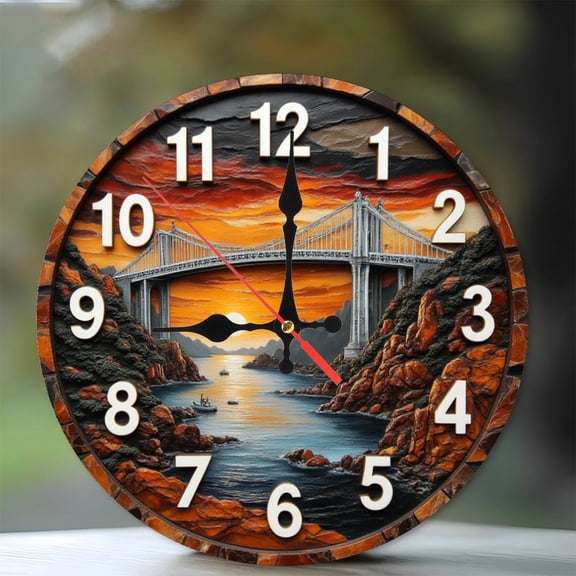 Sunset Bridge Scenic Wall Clock Decor Handmade Art 10-Inch Silent Wooden Wall Clock, Battery Operated (AA Batteries Not Included), Artistic Home Decor