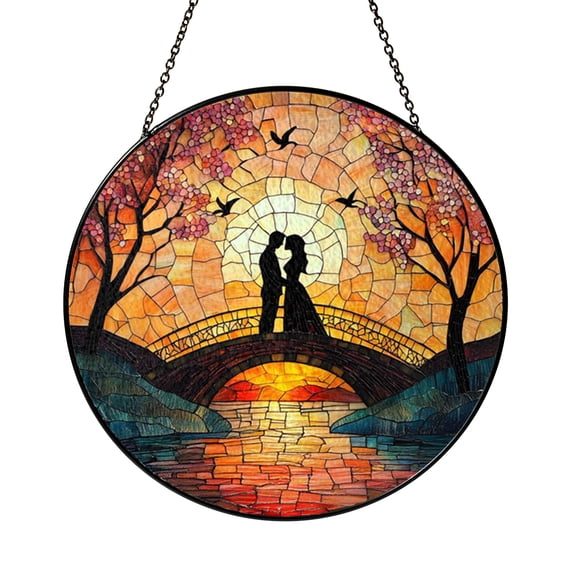 Sunset Bridge Stained Glass Style Suncatcher, Landscape Decorative Window Hanging Art, Nature Inspired Home Decor Ornament