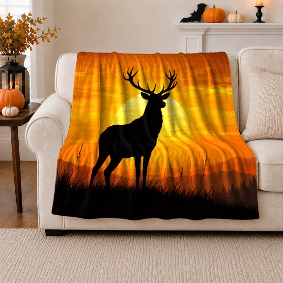 Sunset Buck Silhouette Artistry, Peaceful Mountain Lake Scene, Warm Flannel Blanket for Cabin and Lodge with Detailed Artwork, Outdoor Lovers person's Day Gift, Artistic Home Decor