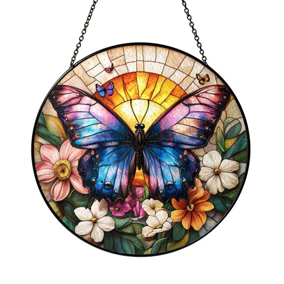 Sunset Butterfly Flowers Stained Glass Window Suncatcher, Spring Home Accent